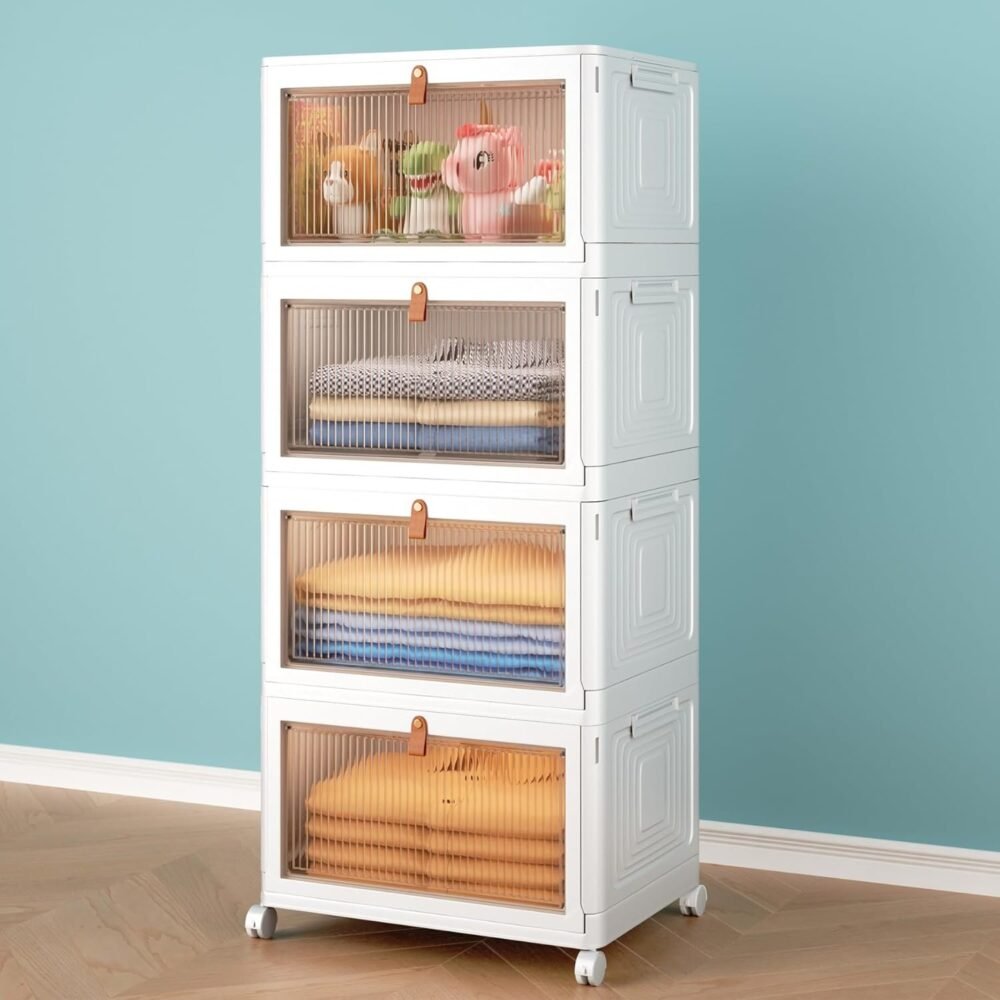 4-Tier Stackable Storage Bins with Lids – 23QT Heavy-Duty Closet Organizers on Wheels for Bedroom, Garage, or Laundry Room