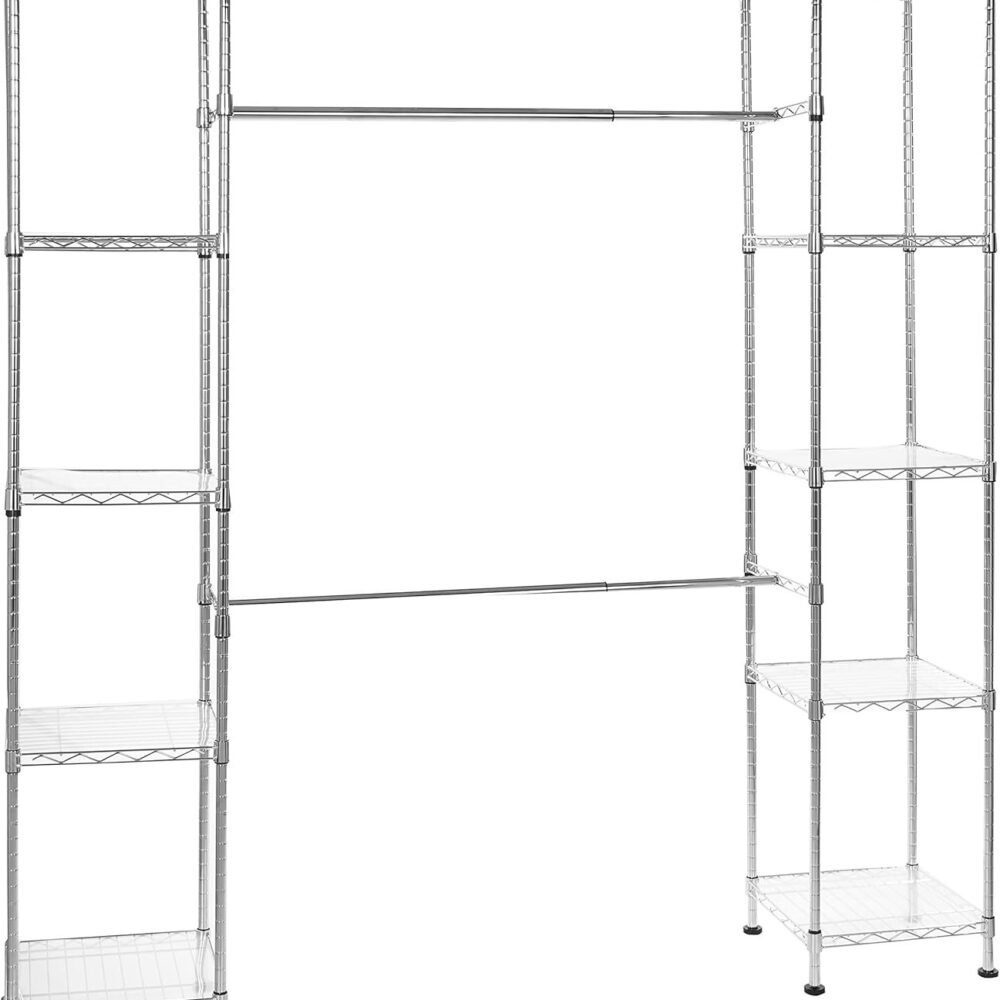 Adjustable Metal Hanging Storage Rack – Expandable Closet Organizer with Shelves for Bedroom, Laundry Room, or Garage
